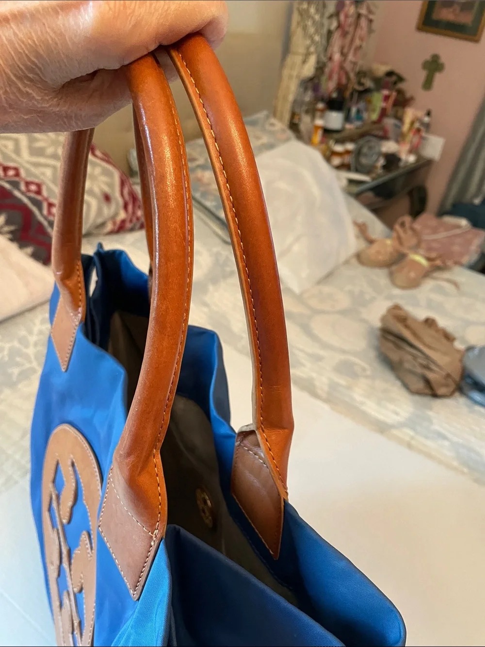 Tory Burch Navy and Cognac Leather Logo Tote